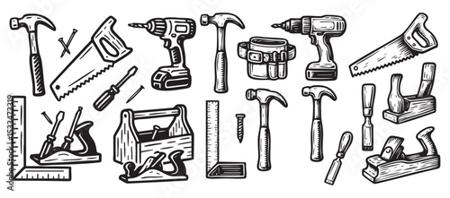 Woodworking Tools Set with Hammer, Saw, Drill, and Measuring Square Black and White Vector Illustration