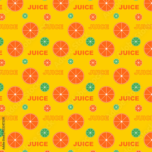 Seamless pattern with oranges.Colorful fruit, abstract summer repeat pattern isolated on yellow background.Vector graphic illustration.