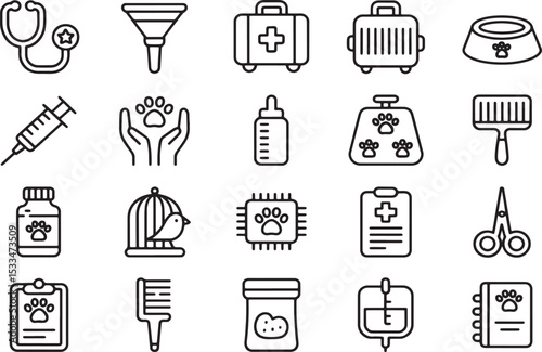 Pet Care Line Art Icons Veterinary, Grooming, and Supplies