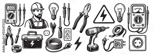Electrician Tools Set with Multimeter, Pliers, Drill, Light Bulb, and Hard Hat Vector Illustration