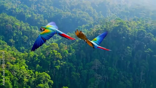 Two colorful macaws flying over lush tropical rainforest in seamless 4K aerial video