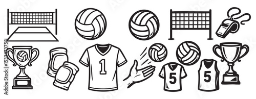 Volleyball Set with Net, Ball, Jersey, Knee Pads, Whistle, and Trophy Vector Illustration