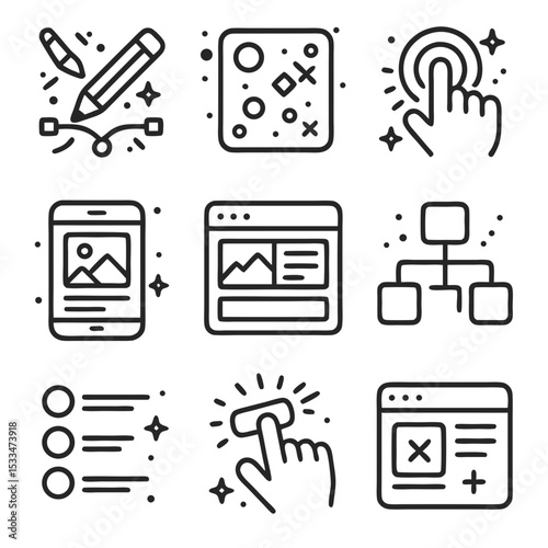 Nine UX design icons featuring interface elements like, user flow, wireframe, prototyping, and more. Suitable for app and web design projects.