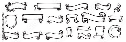 Vintage Ribbon Banner Set with Scrolls, Shield, and Curved Scroll Frame Vector Illustration
