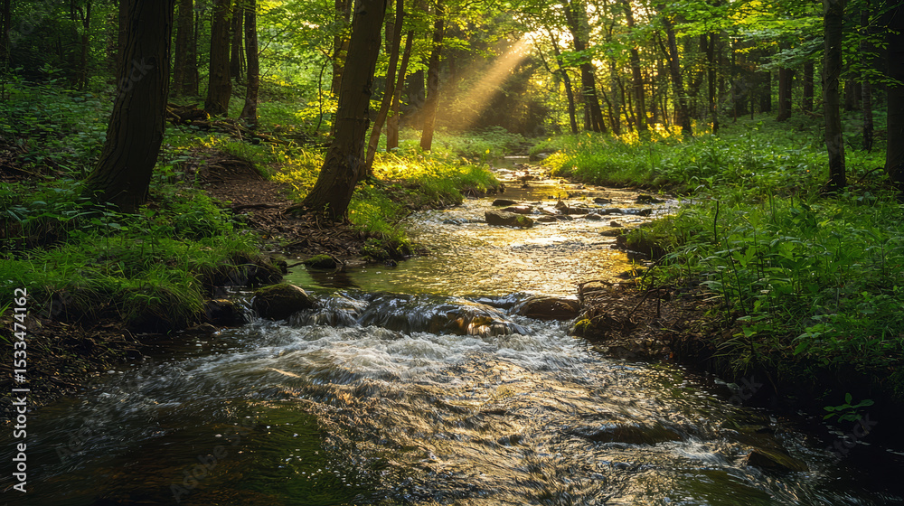 Fototapeta premium A serene and welcoming image of a meandering brook flowing through a woodland, showcasing gentle rays of sunlight seeping through foliage and creating a mesmerizing display on stream's tranquil surfac