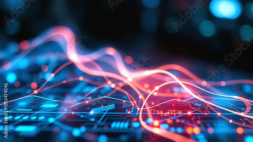 Abstract Digital Network  Glowing Lines and Circuit Board Technology Concept. Futuristic Data Stream,  Innovation, and Connectivity Visualization.