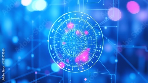 Abstract Futuristic Technology Design Circular Glowing Interface, Digital Innovation,  Cybernetic System,  Neon Lights,  High-Tech Background