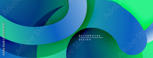 Abstract fluid shapes overlap, creating vibrant blue, green gradients. Modern design suggests movement, depth, energy. Minimal text present.