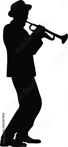 Trumpet player silhouette. Jazz musical instrument trumpeter silhouette isolated on white background. Vector Illustration	