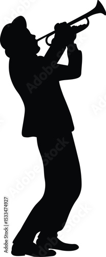 Trumpet player silhouette. Jazz musical instrument trumpeter silhouette isolated on white background. Vector Illustration	
