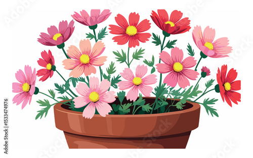Cosmos Flower Bouquet in Pot  Hand-Drawn Style Botanical Artwork

