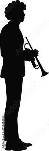 Trumpet player silhouette. Jazz musical instrument trumpeter silhouette isolated on white background. Vector Illustration	