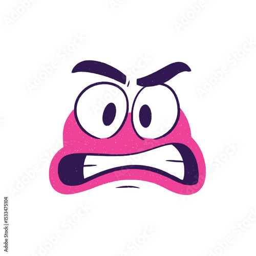 Grunge style angry cartoon face illustration, Bold pink and purple cartoon face showing intense anger with clenched teeth, wide eyes, and expressive furrowed eyebrows.

