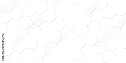 Minimal white hexagonal hexagon modern technology creative emboss light honeycomb polygonal web. abstract geometric science and mosaic tile with template texture background.	