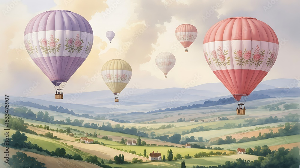 Fototapeta premium Scenic Hot Air Balloon Ride: Peaceful Countryside Vista