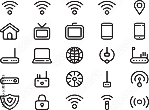 A Set of 25 Black and White Line Art Wifi Icons