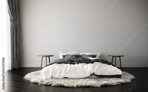 Home and decor and minimal bedroom interior design and side bed and empty white wall background. 3d rendering
