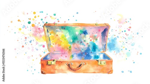 An open suitcase bursts with vibrant watercolor dreams symbolizing journeys filled with color adventure and new