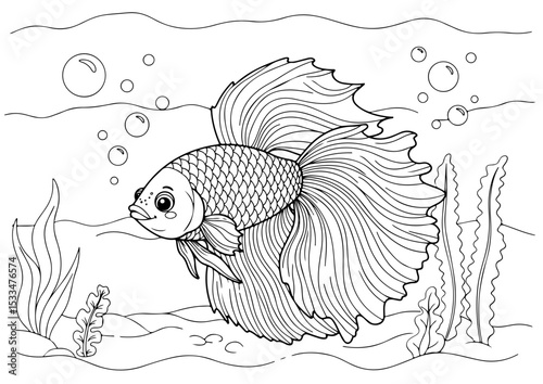 cute betta fish cartoon outline line art vector illustration for coloring page for chidren's kids, transparent background