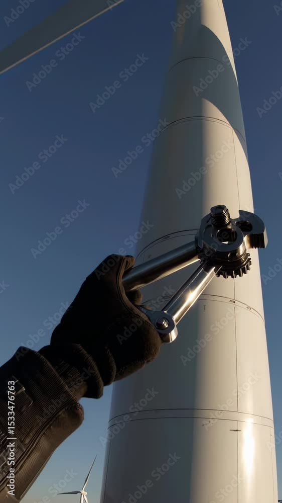 Vertical screen, gloved hands skillfully tighten bolts on a wind turbine rotor hub, ensuring its secure attachment and smooth operation within a wind farm