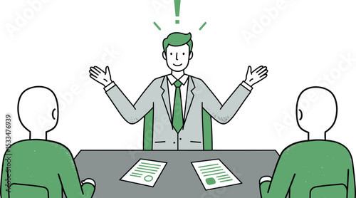 Business meeting with confident leader presenting ideas to team members, professional discussion at office desk with documents, leadership illustration for teamwork,  flat vector illustration