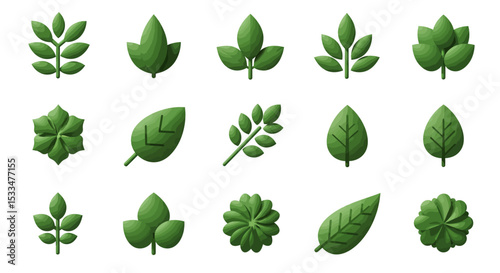 Isometric Various Green Leaf Different Shape Icon Pack Illustration