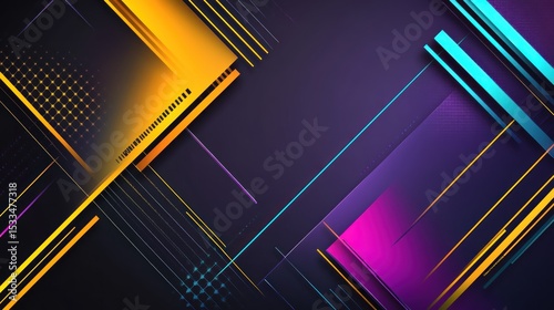 A bold, dynamic abstract background with glowing geometric lines and neon elements in shades of purple, yellow, and teal cutting through a dark space