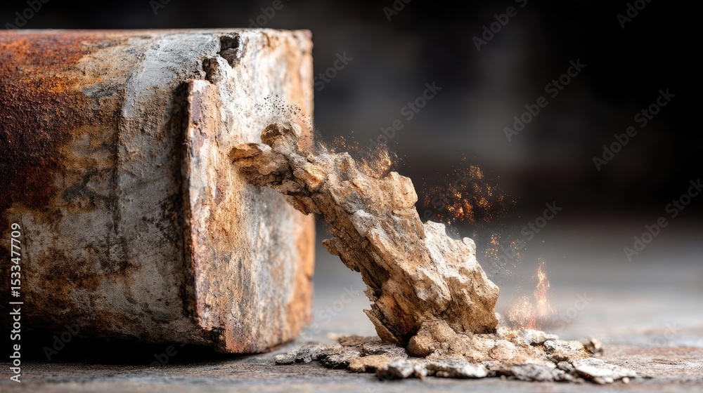 Fototapeta premium Fuel price hike impact petroleum investment in global refinery concept. Close-up of rusted pipe leaking water, showcasing industrial decay.