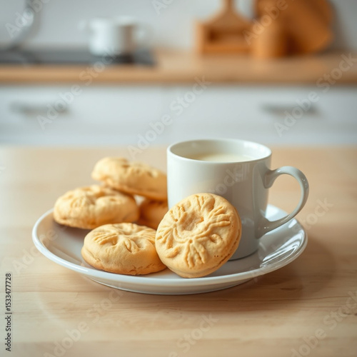a cup of milk with biscuits