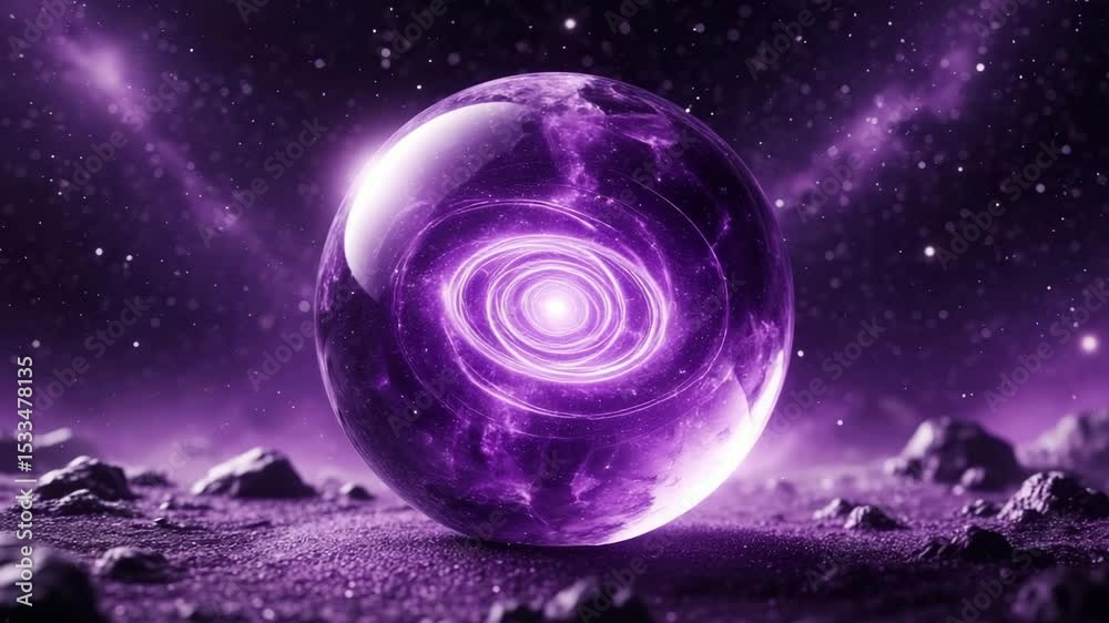 A glowing purple orb reveals a galaxy within, hovering in deep space. Represents mysticism, expansion, and spiritual awakening.