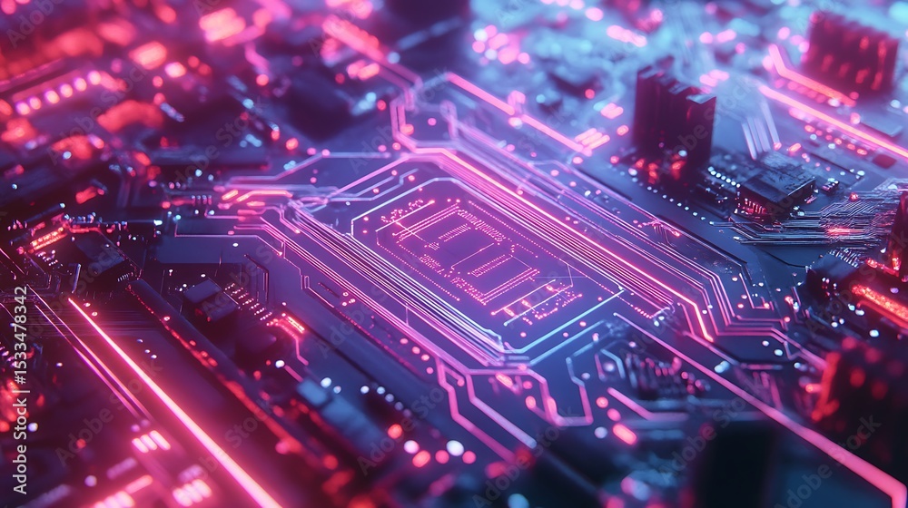 Obraz premium Glowing Circuit Board with Futuristic Tech Energy and Detail
