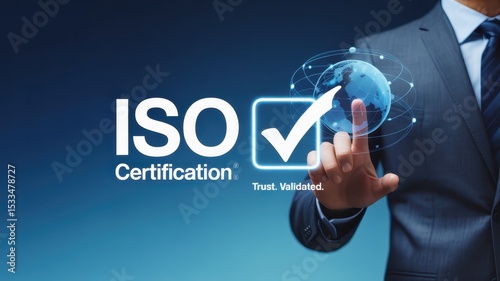 A hand interacts with a digital iso certification mark.