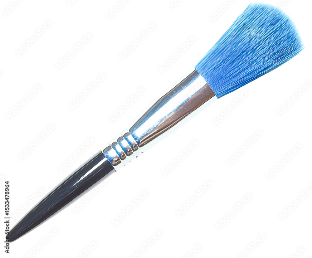 Fototapeta premium Blue artist paintbrush with silver ferrule, black handle, isolated on transparent background, studio shot, close-up view, professional tool, art supply, painting equipment