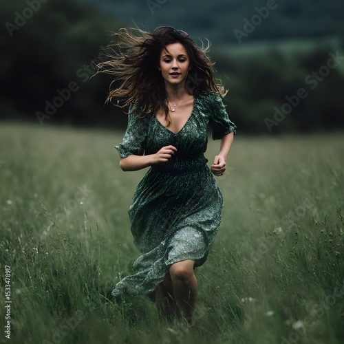 Woman running through a wind swept meadow