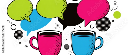 Two coffee cups with colorful speech bubbles above them, suggesting conversation and communication