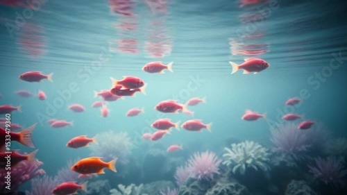 Colorful underwater scene with pink and orange fish swimming among coral reefs

