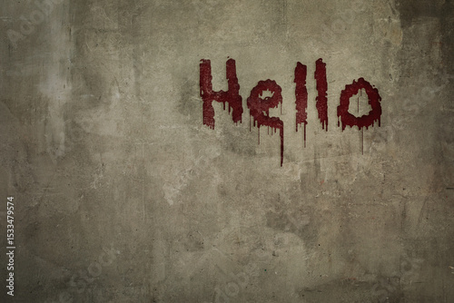 Art shabby grey plastered wall with the inscription hello in blood, copy space.