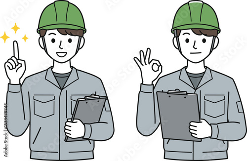 Cartoon construction workers in safety helmets holding clipboard, making gesture for good idea and okay sign, concept for teamwork, inspection, flat vector illustration