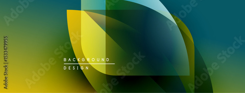 Abstract fluid shapes overlap, creating vibrant yellow, green, blue gradients. Modern design suggests movement, energy, depth.