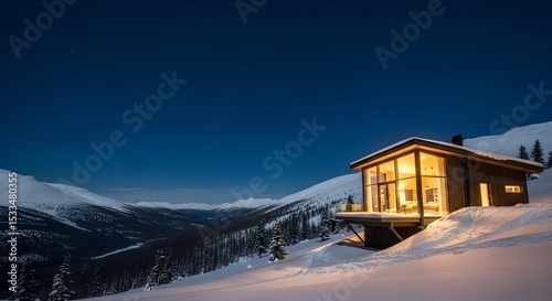 Cozy Modern Glass Cabin Illuminated at Night in Snowy Mountain Valley – 3D Winter Wonderland