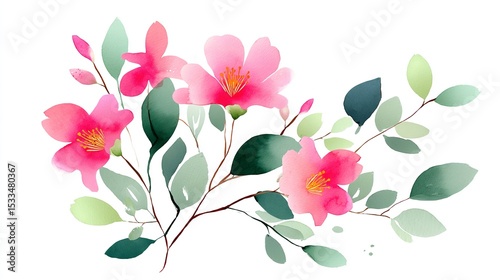 Fresh pink watercolor blossoms dance delicately amidst verdant leaves evoking springtime joy in a serene illustration