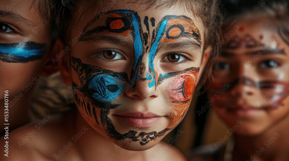 Obraz premium Close-up of children with colorful tribal face paint, expressing creativity and cultural celebration in a vibrant and joyful setting.