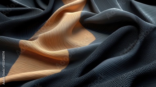 Close-up of flowing silky fabric with smooth texture and elegant wave pattern in black and beige colors, ideal for fashion or design.