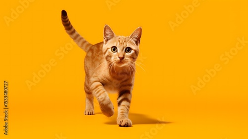 Energetic manx cat running playfully against bright yellow background in a vibrant indoor environment
