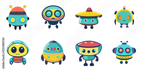 Multiple vector illustrations cute UFO robot

