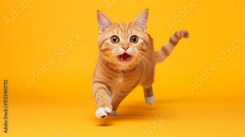Energetic manx cat running playfully in vibrant yellow background animal photography enthusiastic environment