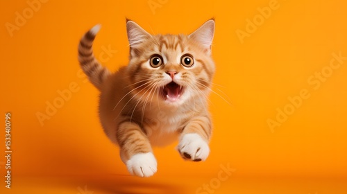 Energetic playful manx cat running against bright orange background in a studio environment