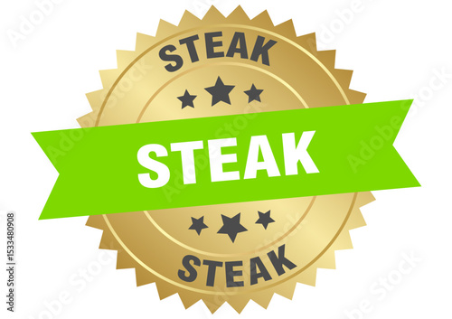 steak. steak round green and gold label isolated on transparent background