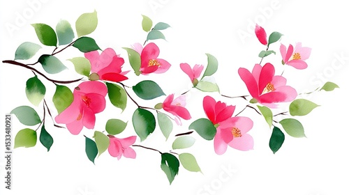 A delicate dance of pink camellias blooming with gentle grace evoking springtime whispers on a white canvas background