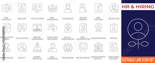 Modern line icons representing key HR and hiring steps from resume to onboarding. Perfect for HR software, recruitment platforms, and onboarding illustrations.